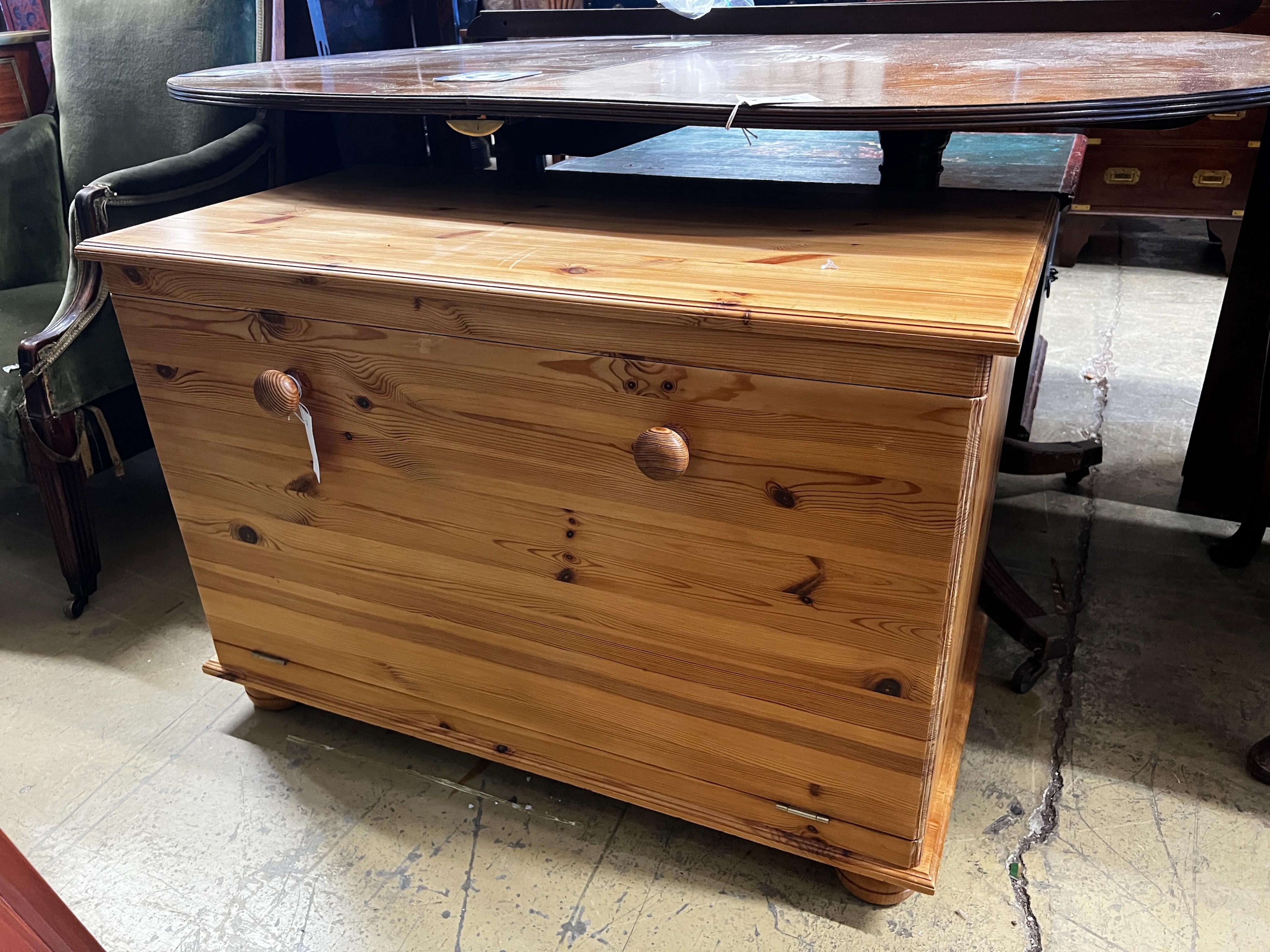A Victorian style pine fall front blanket box, width 89cm, depth 45cm, height 61cm